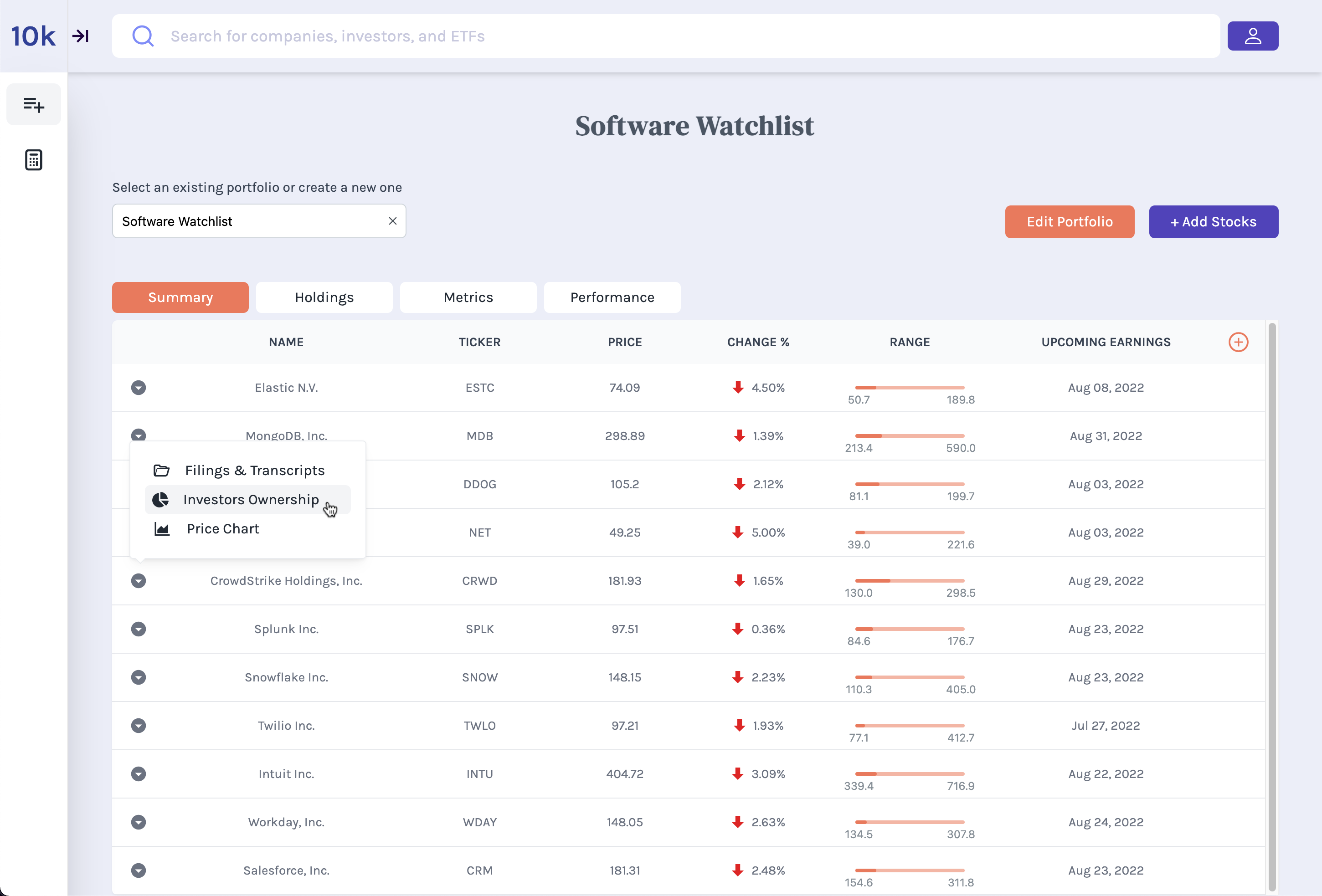 Watchlist Page showcasing the options for individual stocks: filings, popular investor ownership, and price chart.