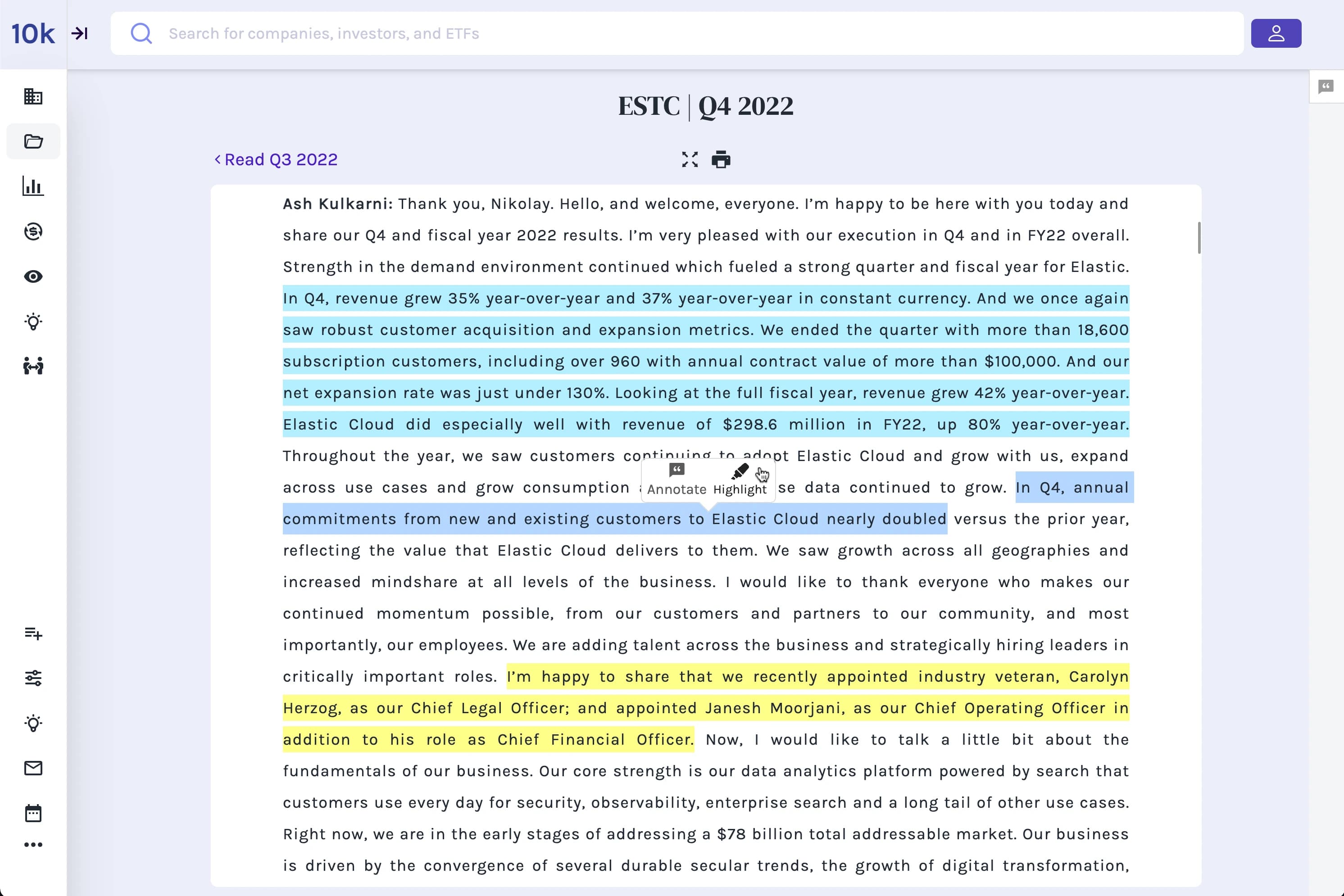 Elastic N.V. (NYSE:ESTC) Transcript Q4 2022, Highlighting and Annotating Feature