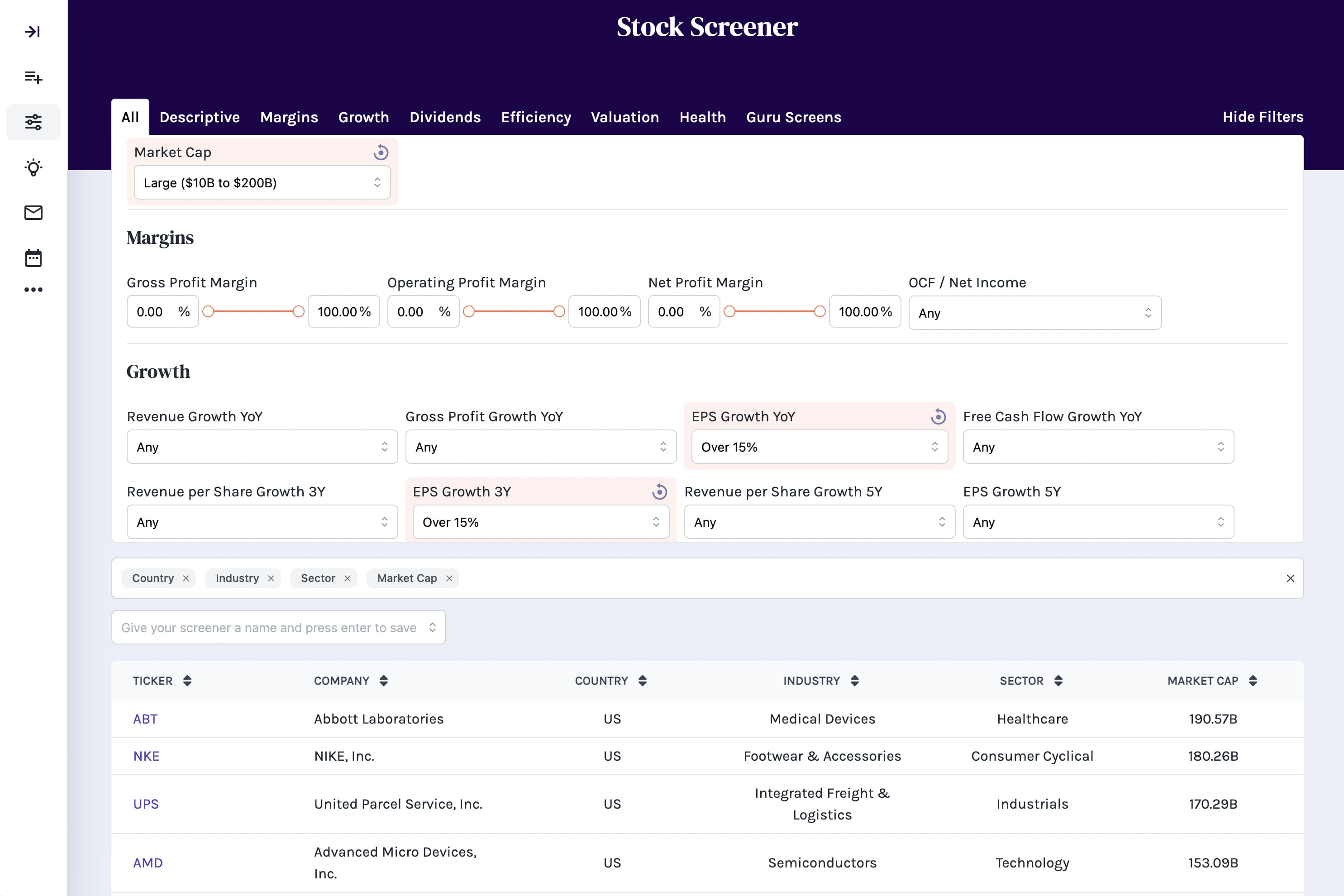 Stock Screener Example: filtering by market cap, EPS Growth, and more.