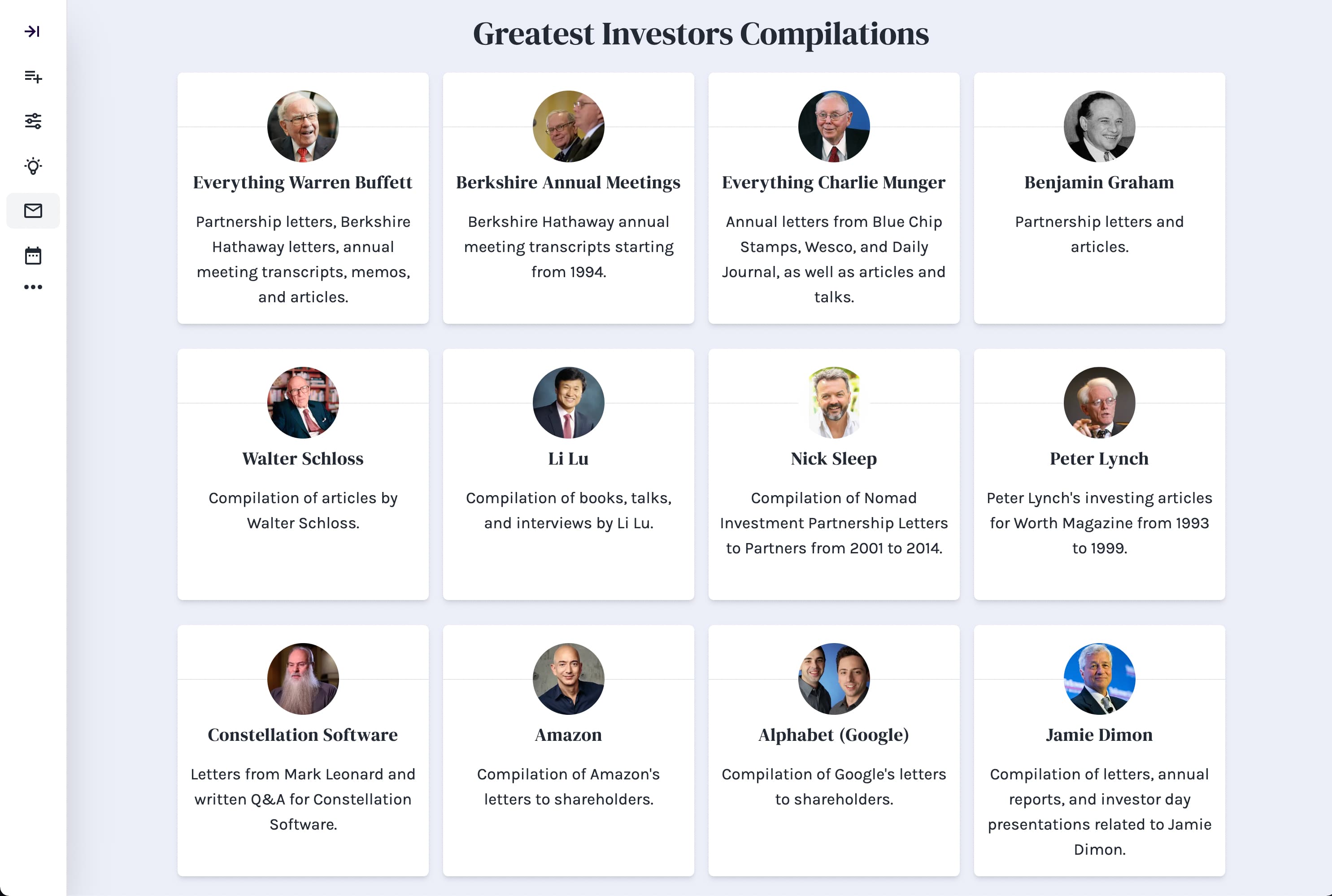 Hedge Fund Letters Page, compilations of the greatest investors like Warren Buffett, Charlie Munger, and Walter Schloss.